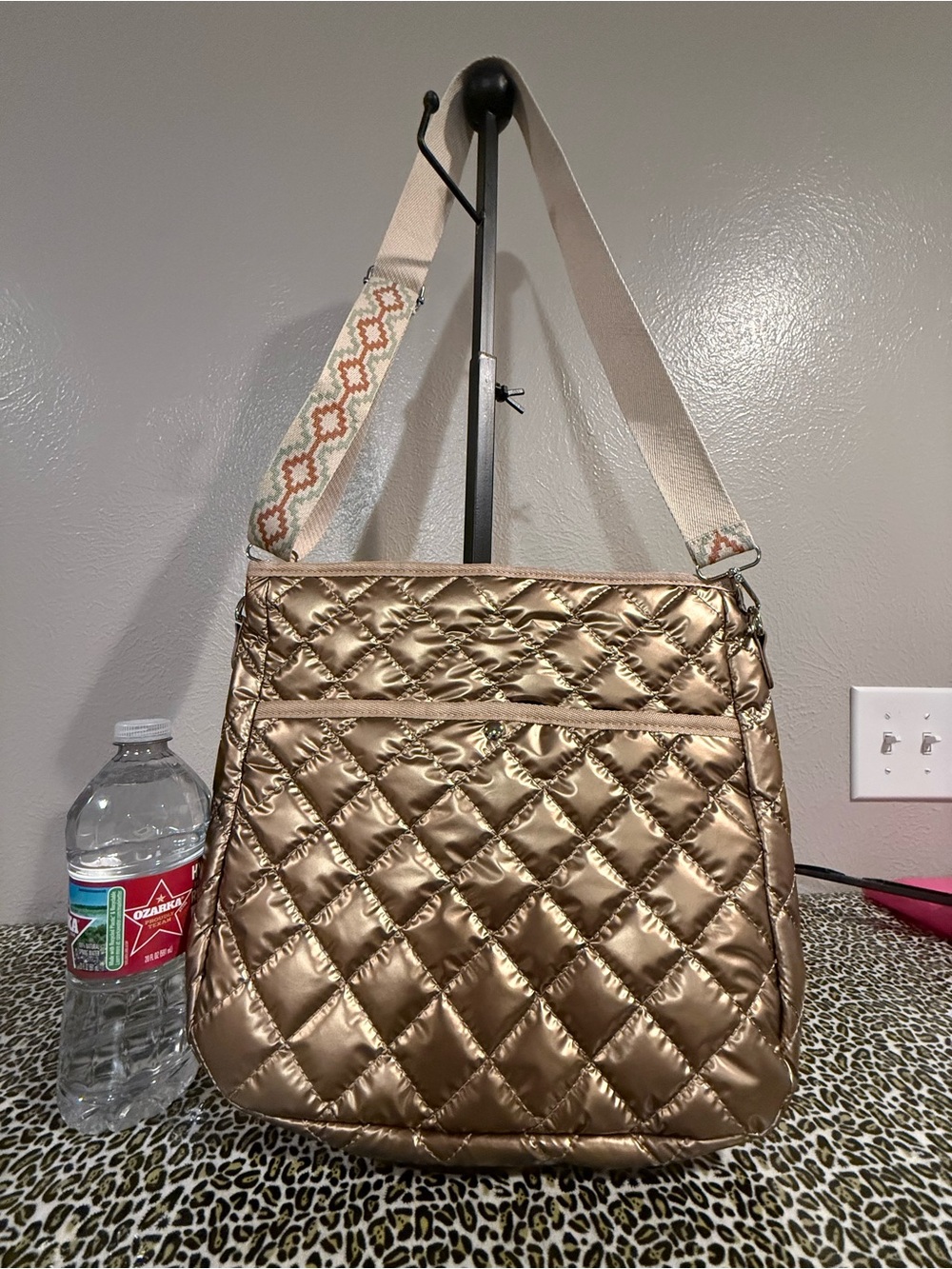 Quilted Metallic Gold Crossbody Bag with Patterned Strap